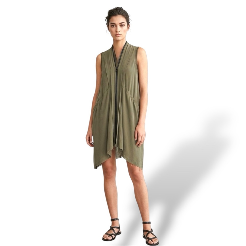 All Saints Silk Olive Green Raw Edge Zip Up Mini Dress Tunic Size 2